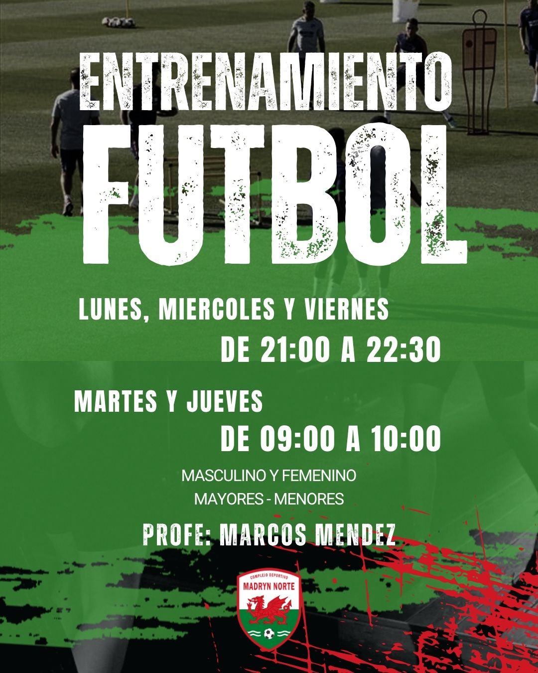 Entrenamiento de fútbol masculino y femenino para mayores y menores en Madryn Norte